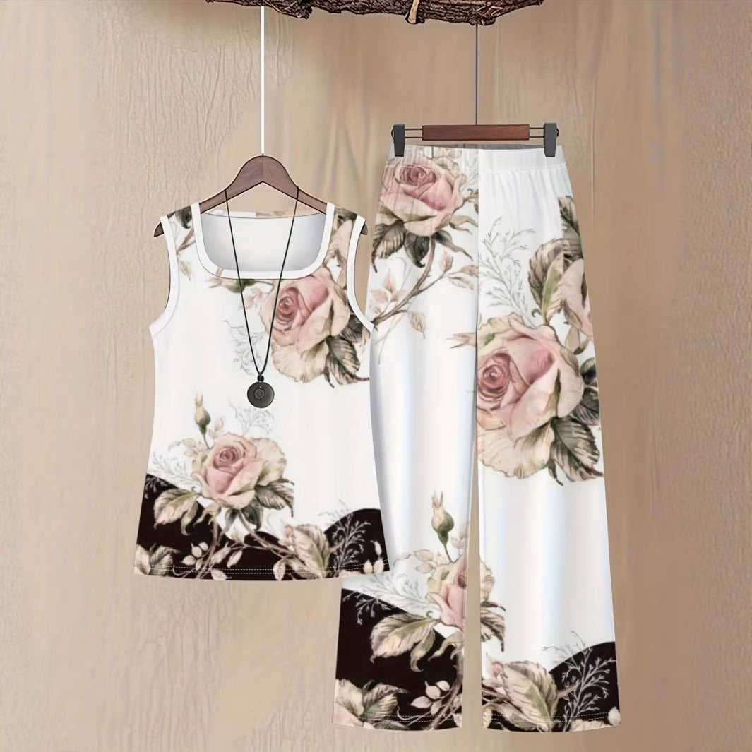 FitiqueFit Milk Silk 3D Print sleeveless tank top and trousers set, casualwear with a stylish 3D print design, soft milk silk fabric.