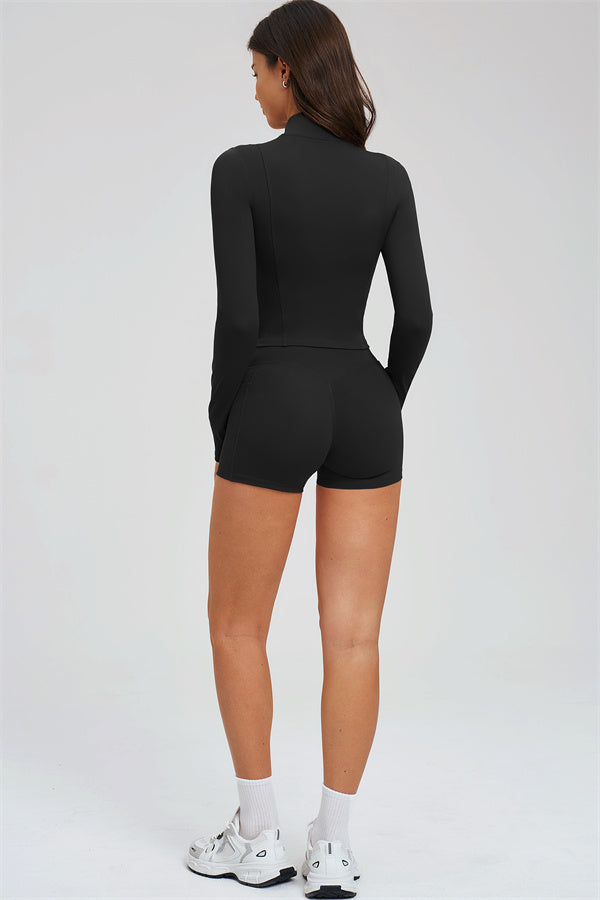 Fitglutes Activewear sports bra, zip jacket, and shorts set for workout, featuring athletic fit and breathable fabric in a coordinated gymwear set.