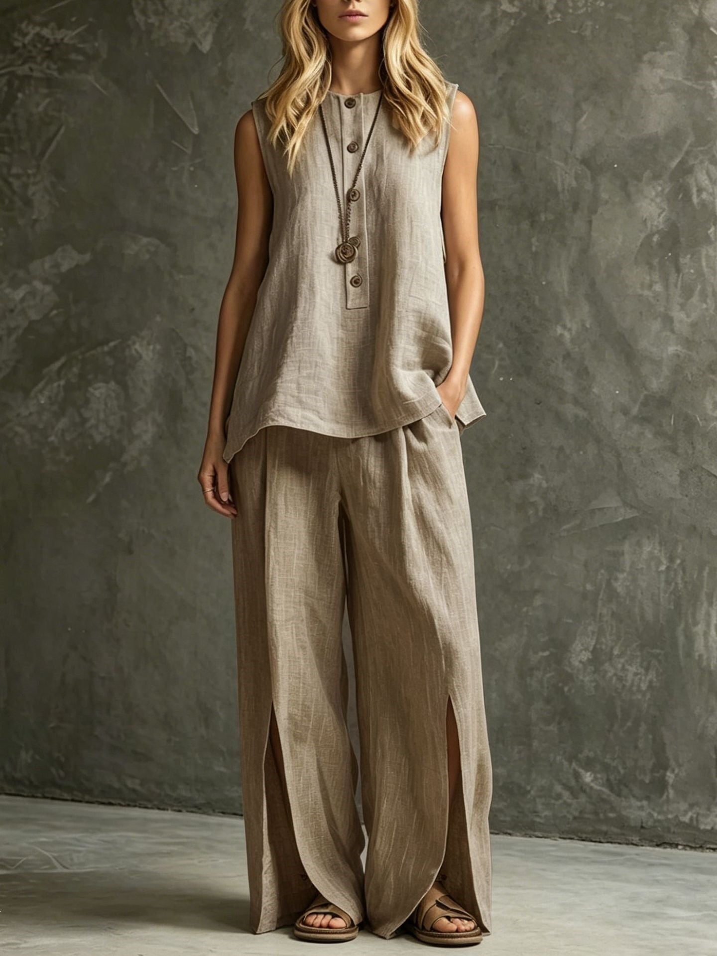 Casual women's two-piece set with sleeveless tank top and slit wide-leg pants in light fabric, by Plush Fashion Hub.