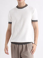 Plus size men's contrast trim T-shirt with short sleeves, featuring a stylish design and comfortable fit by Trendsi.