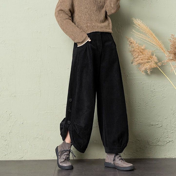 FitiqueFit corduroy wide-leg pants with lace-up detail, showing a relaxed fit and stylish street style design.