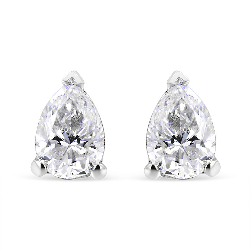 14K white gold pear-shaped solitaire lab-grown diamond stud earrings with F-G color and VS2-SI1 clarity.