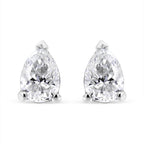 14K white gold pear-shaped solitaire lab-grown diamond stud earrings with F-G color and VS2-SI1 clarity.