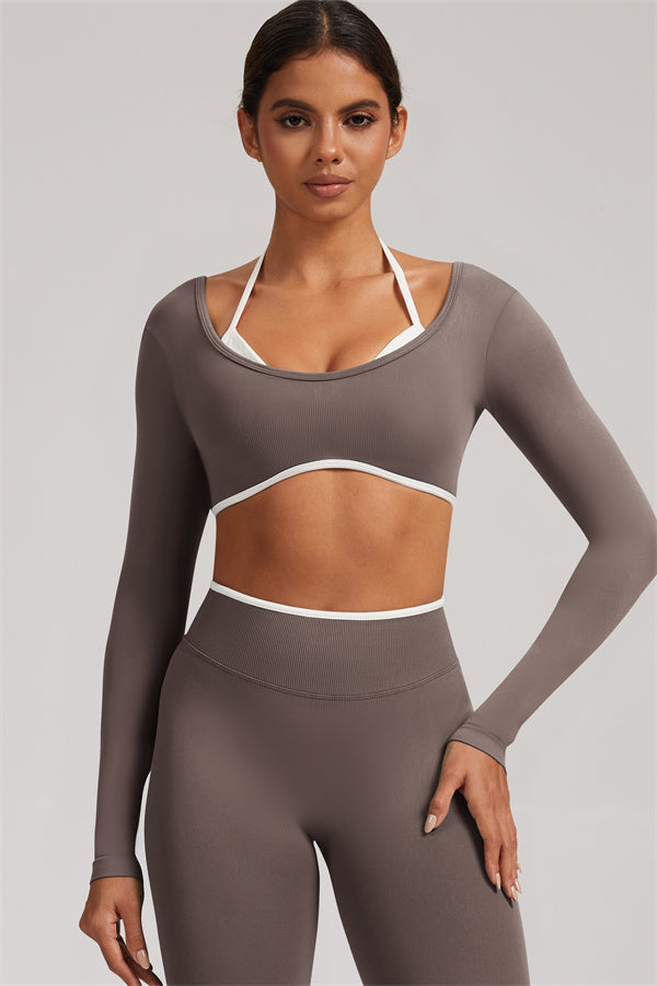 Fitglutes Activewear long sleeve crop top and matching leggings 2-piece set, perfect for gym and workout sessions.