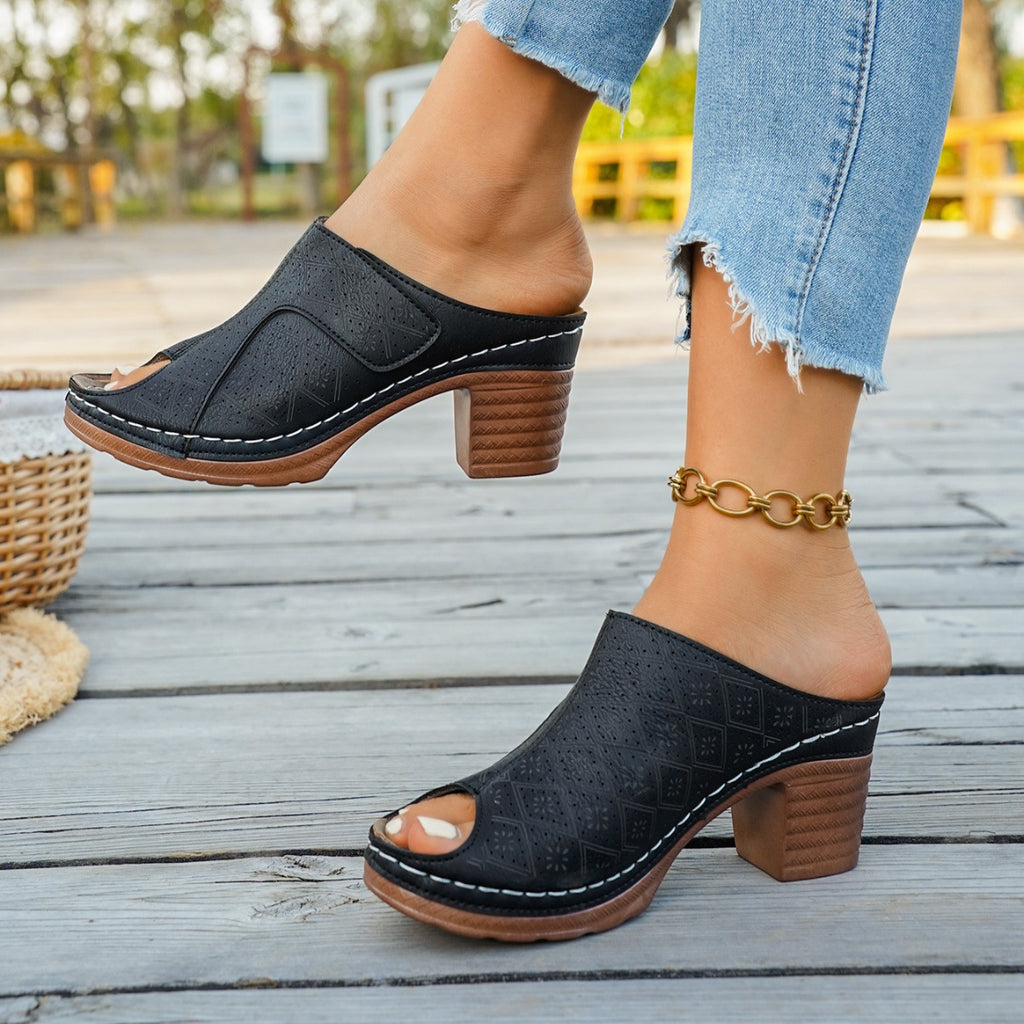 Women's chic peep toe block heel sandals from Trendsi, featuring a comfortable mid-heel design and stylish dress shoe style.