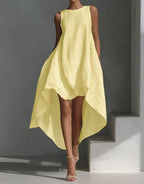 Women's sleeveless high-low linen blend summer dress with irregular hem, casualwear by Plush Fashion Hub.