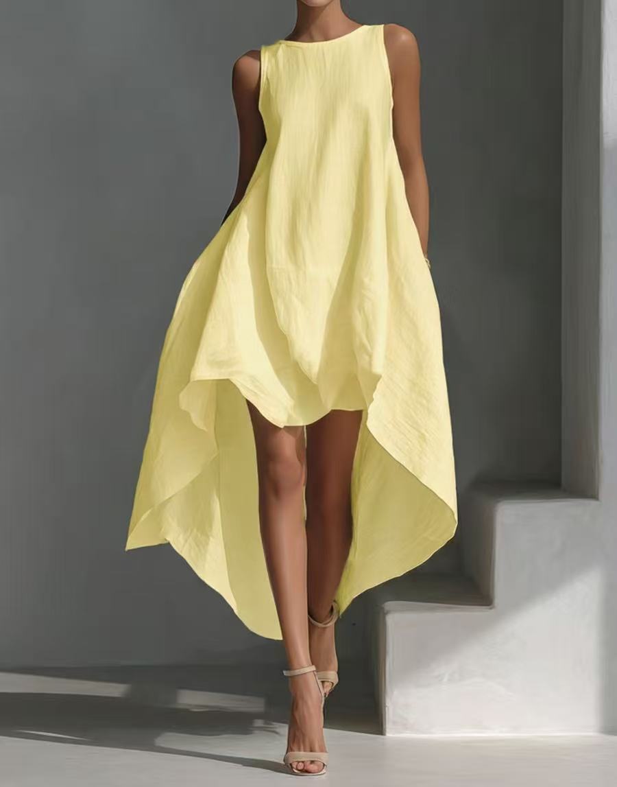 Women's sleeveless high-low linen blend summer dress with irregular hem, casualwear by Plush Fashion Hub.