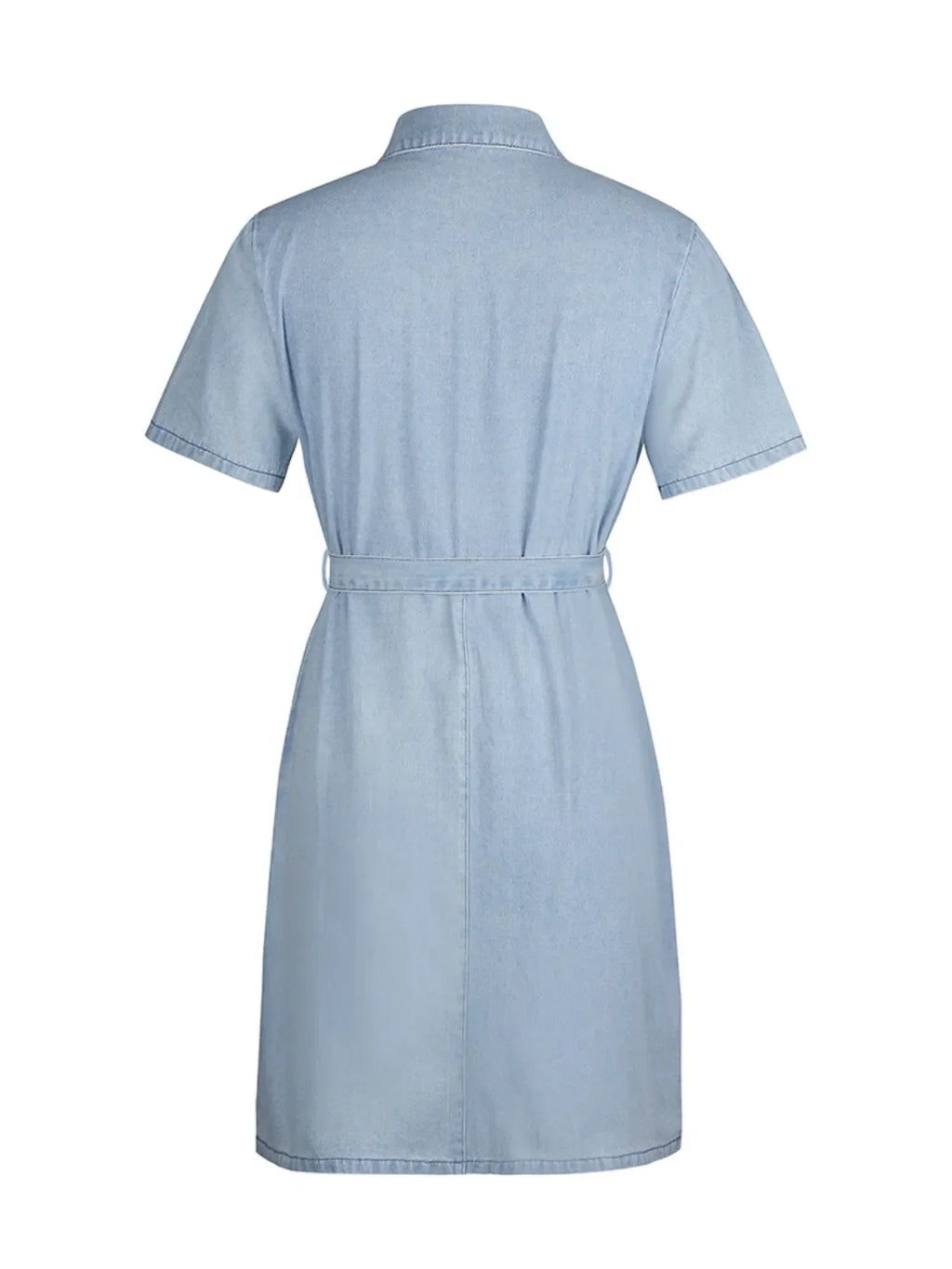 Plus size VYSN denim dress with short sleeves and full front zipper, casual and stylish for everyday wear.