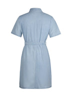 Plus size VYSN denim dress with short sleeves and full front zipper, casual and stylish for everyday wear.