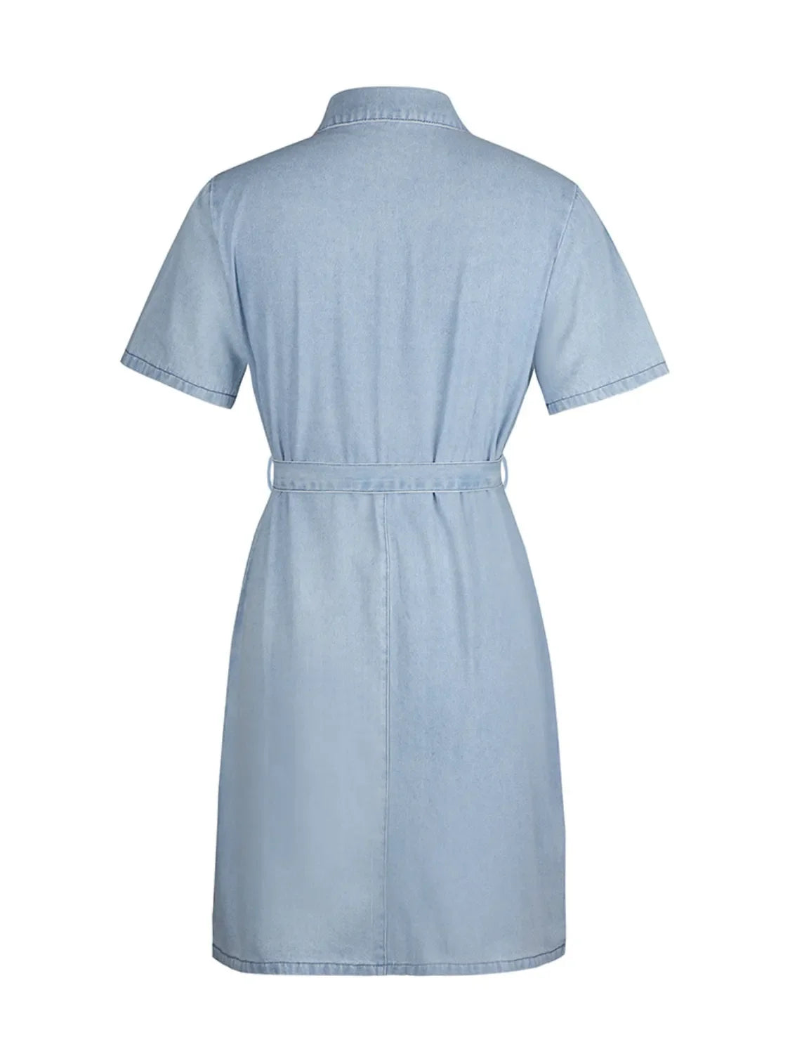 Plus size VYSN denim dress with short sleeves and full front zipper, casual and stylish for everyday wear.
