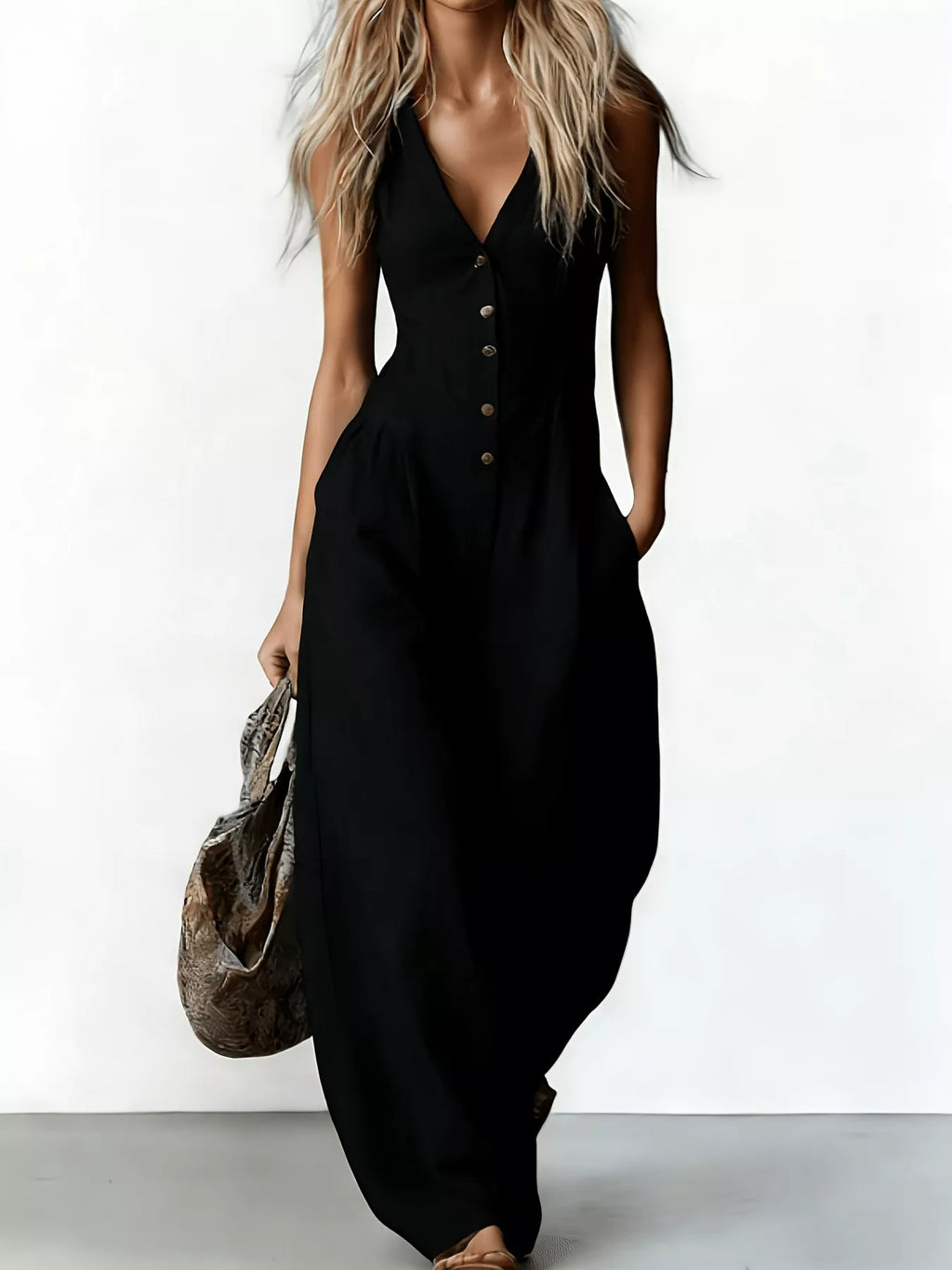 V-neck button-down wide-leg jumpsuit by Trendsi featuring a stylish, flowy silhouette and elegant design in a natural fabric.
