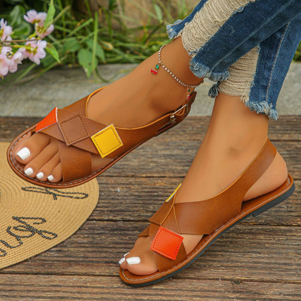 Colorful patchwork buckle flat sandals with ankle straps, designed for summer comfort, by Trendsi.