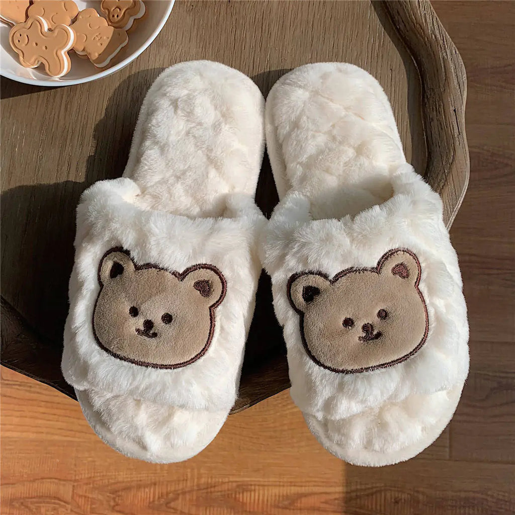 Cute bear cotton slippers for women in warm autumn and winter colors, featuring soft fabric and cozy design from Trendy Attic Store01.