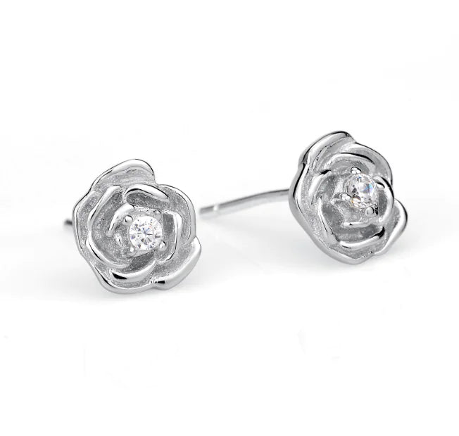 Rose-shaped 925 silver earrings with stud design, featuring delicate petal details and a secure post back.