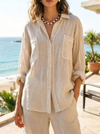Shopimist contrast trim button-up long sleeve shirt with detailed collar and cuffs, featuring a classic fit and stylish design.