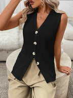 Women's sleeveless knit sweater vest with button-down front and side pockets, styled by Trendsi.