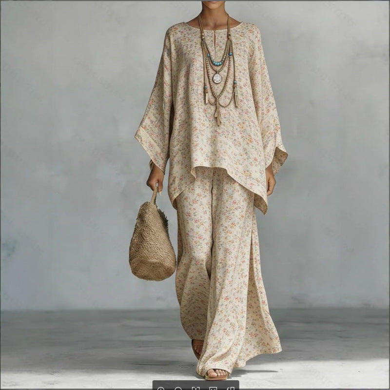 Loose Bat Sleeve Top Wide Leg Pants Set for Women