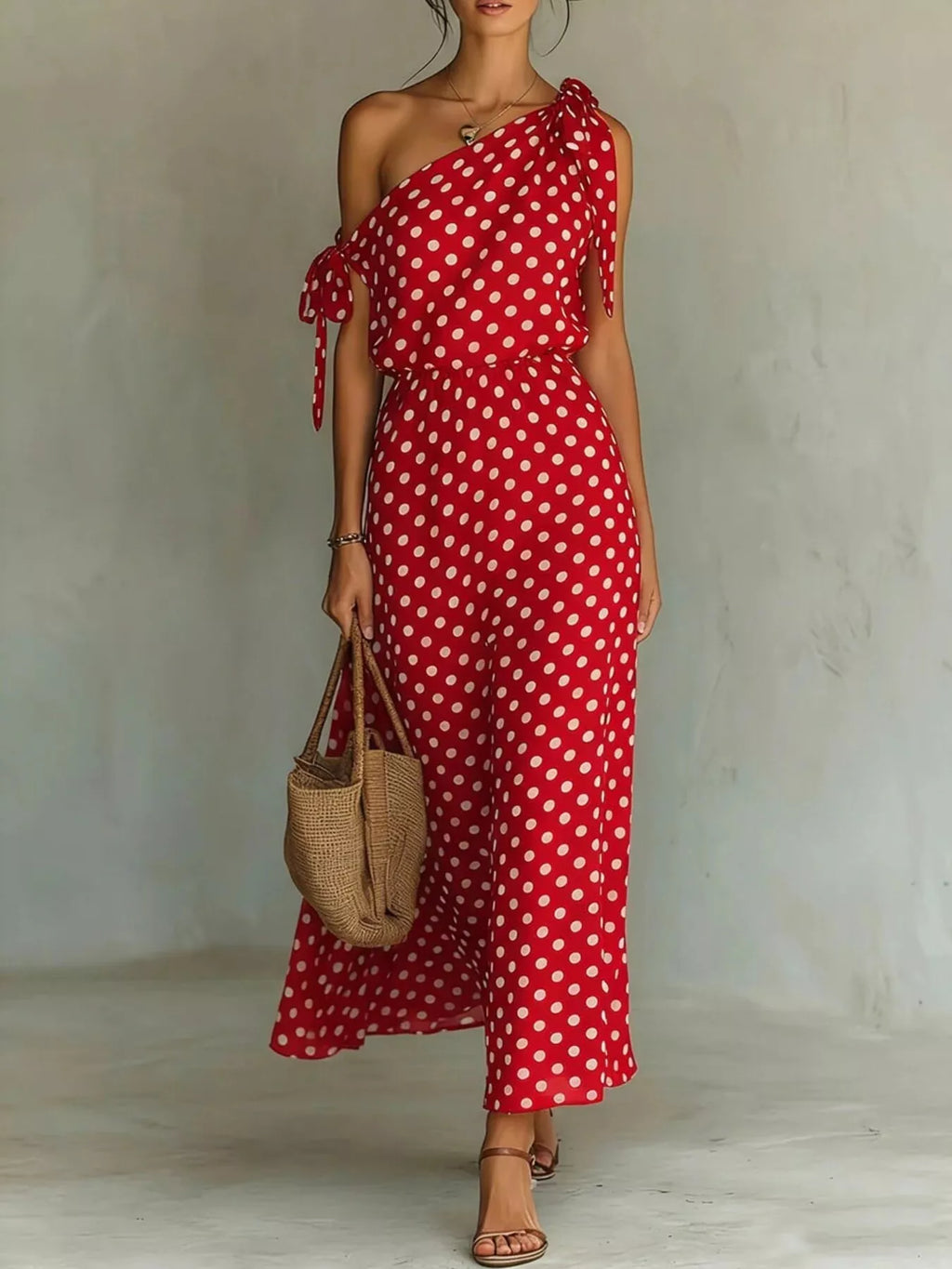 Plus size full-length polka dot one-shoulder maxi dress by Trendsi, flowing fabric with stylish asymmetric shoulder design.