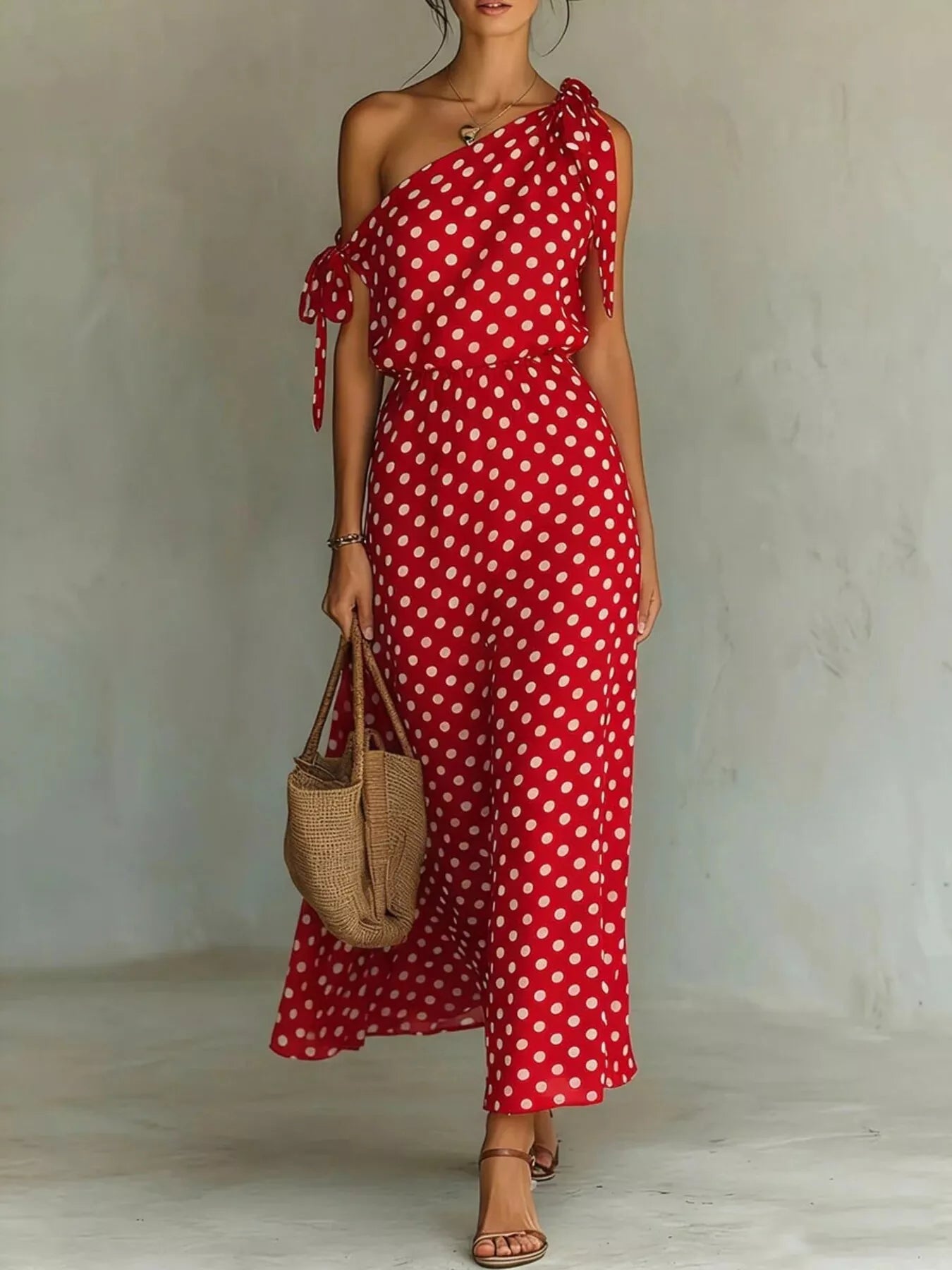 Plus size full-length polka dot one-shoulder maxi dress by Trendsi, flowing fabric with stylish asymmetric shoulder design.