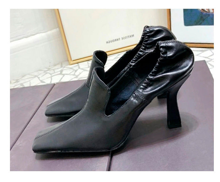 White square toe stiletto mules from Plush Fashion Hub, stylish heels with a sleek design and square toe shape.