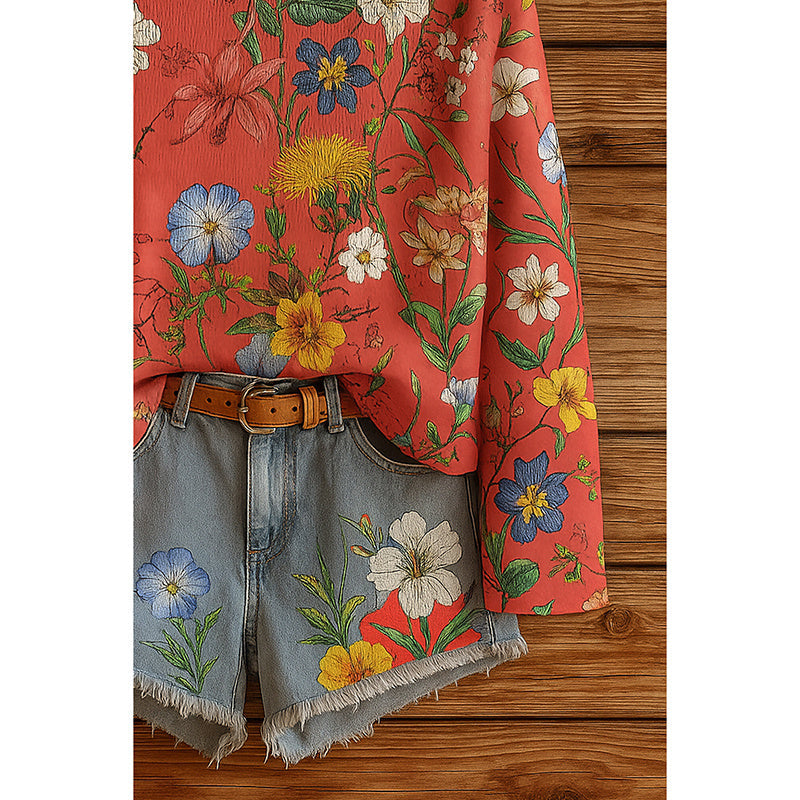 Women’s fall wildflower print long sleeve casual T-shirt by Plush Fashion Hub, featuring a vibrant floral design for autumn style.