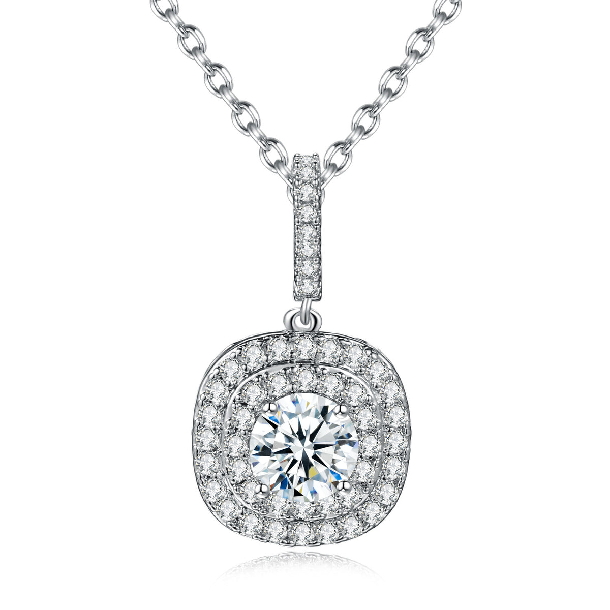Silver pendant necklace with a round central stone, double pave-set halo, and a paved bail on a cable chain.