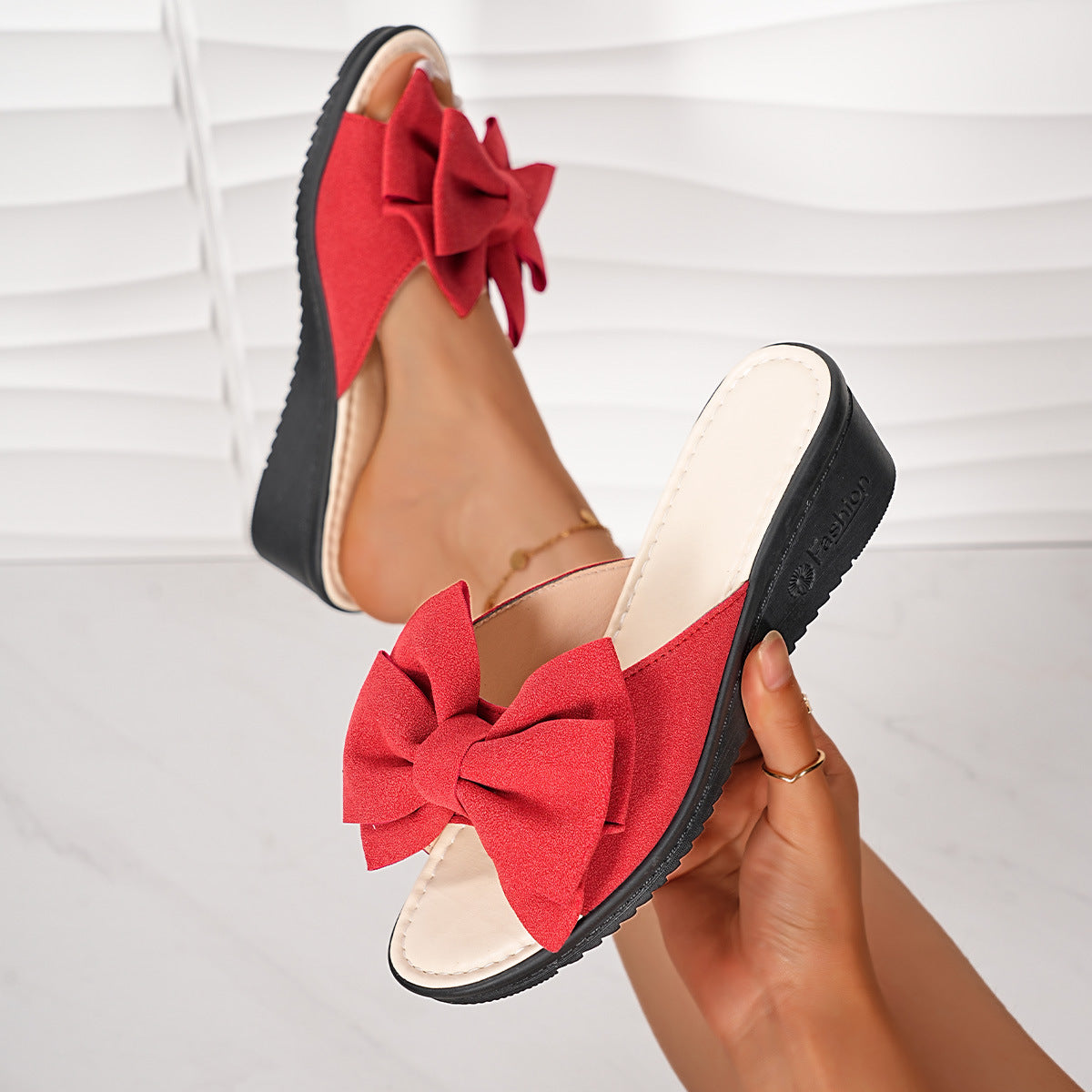 Chic bow open-toe wedge sandals for women by Trendsi, featuring a comfortable mid-heel design and stylish summer footwear.
