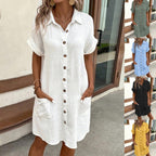 Women's FitiqueFit V-neck button-front A-line shirt dress hanging on a hanger, showcasing its classic collar and stylish silhouette.
