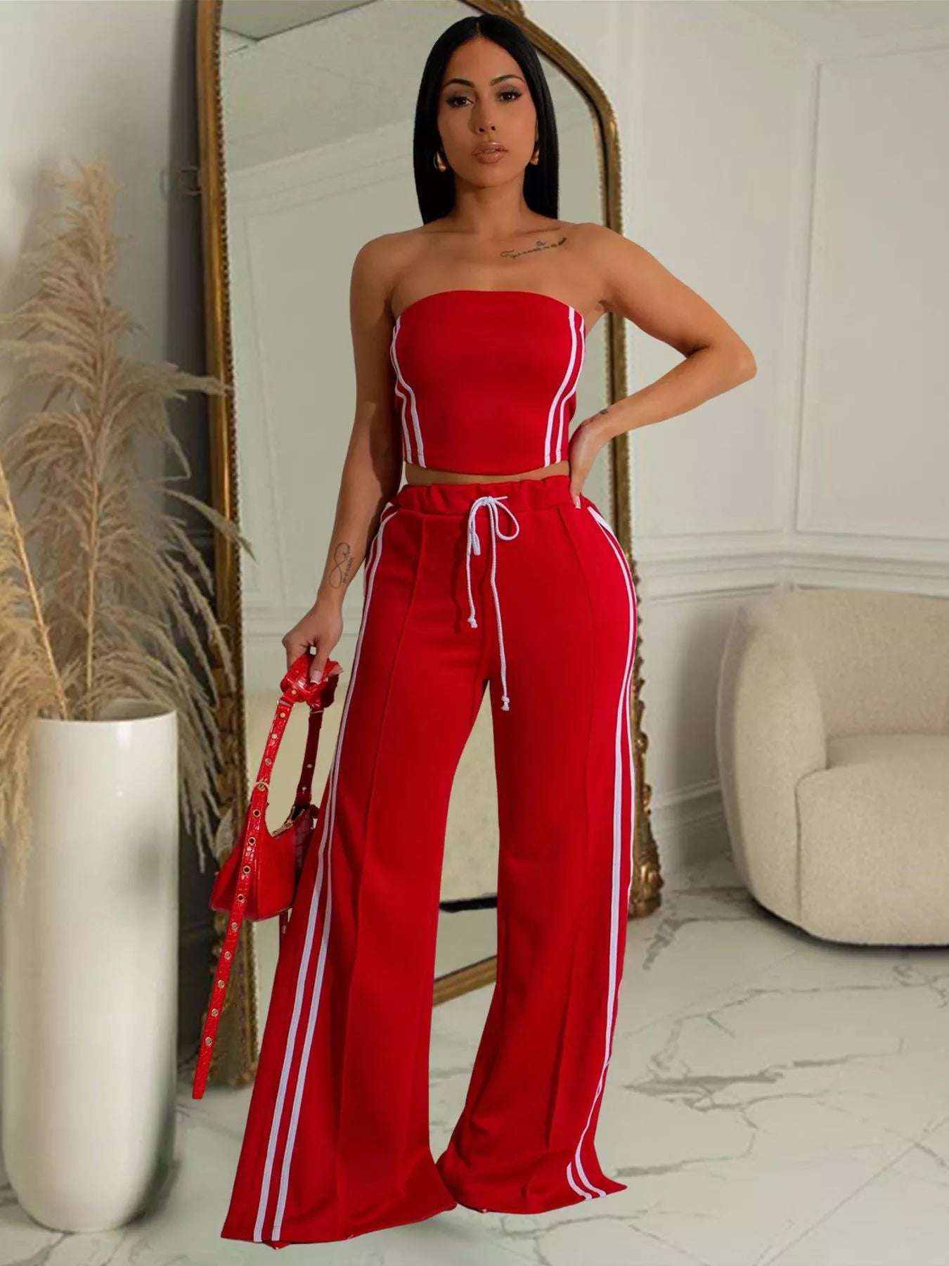 Trendsi sleeveless tube top and wide-leg pants set, stylish casual outfit, featuring a fitted tube top and flowy wide-leg trousers.