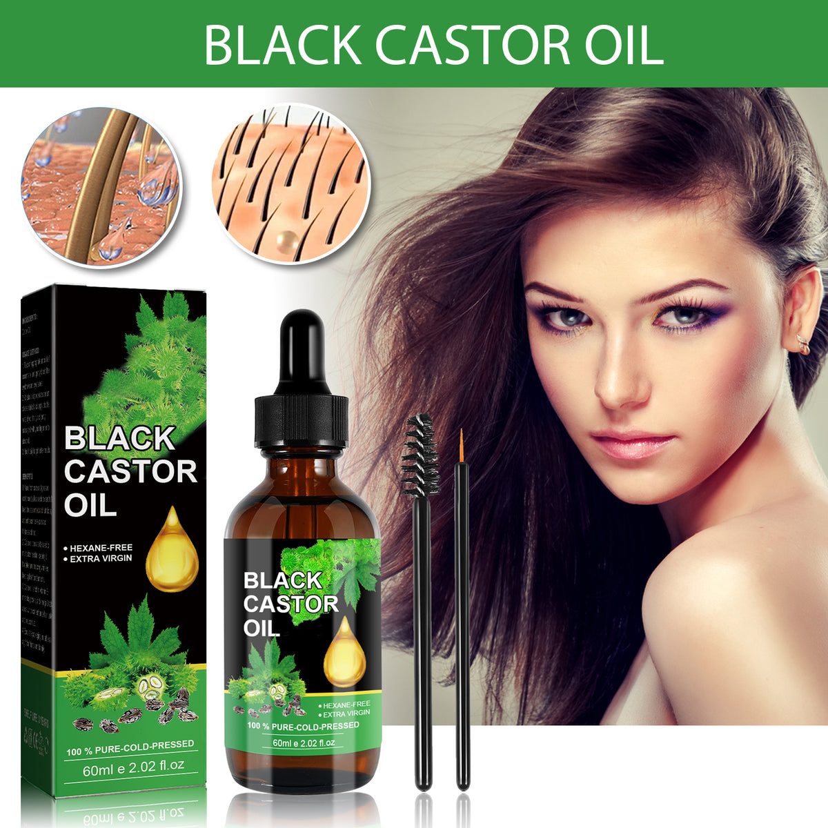 Black castor oil in glass bottle with dropper, box, and two brushes, alongside woman with long hair.