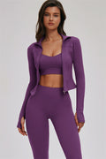 Fitglutes Activewear Kinetic Zip Jacket, cross-back sports bra, and leggings 3-piece set for workout and gym activities.