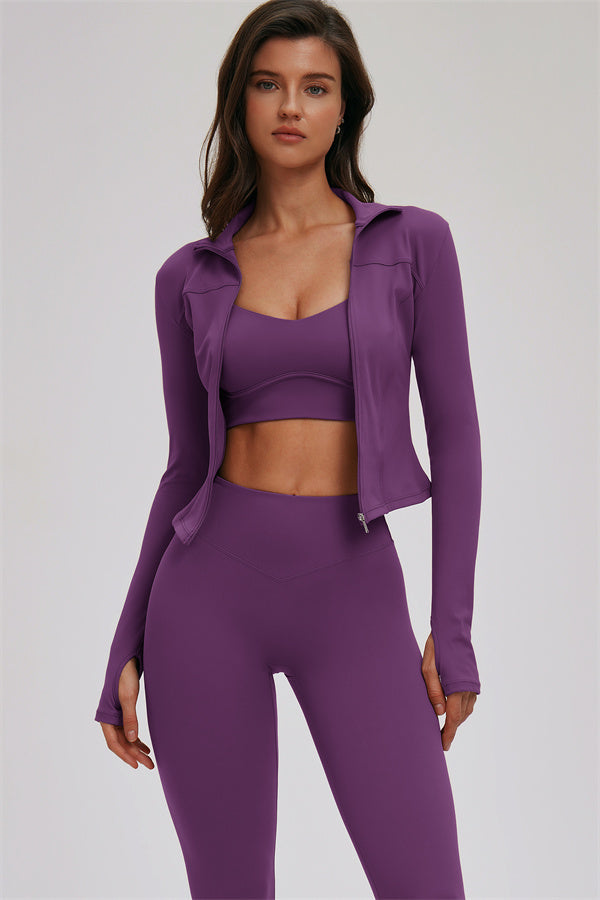 Plush Fashion Hub Kinetic Zip Jacket, cross-back sports bra, and matching leggings 3-piece activewear set on model