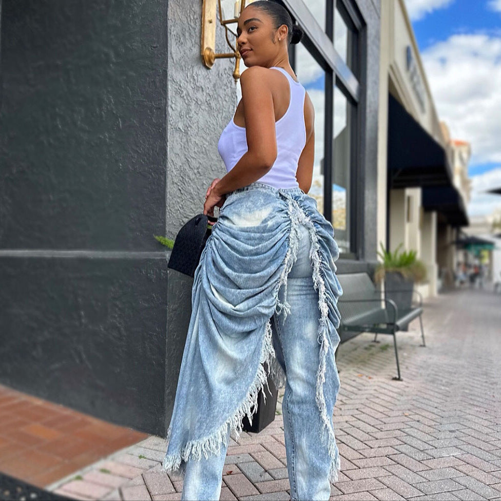 Plush Fashion Hub high-waist pleated brushed edge straight leg jeans, showing the denim fabric and stylish fit.