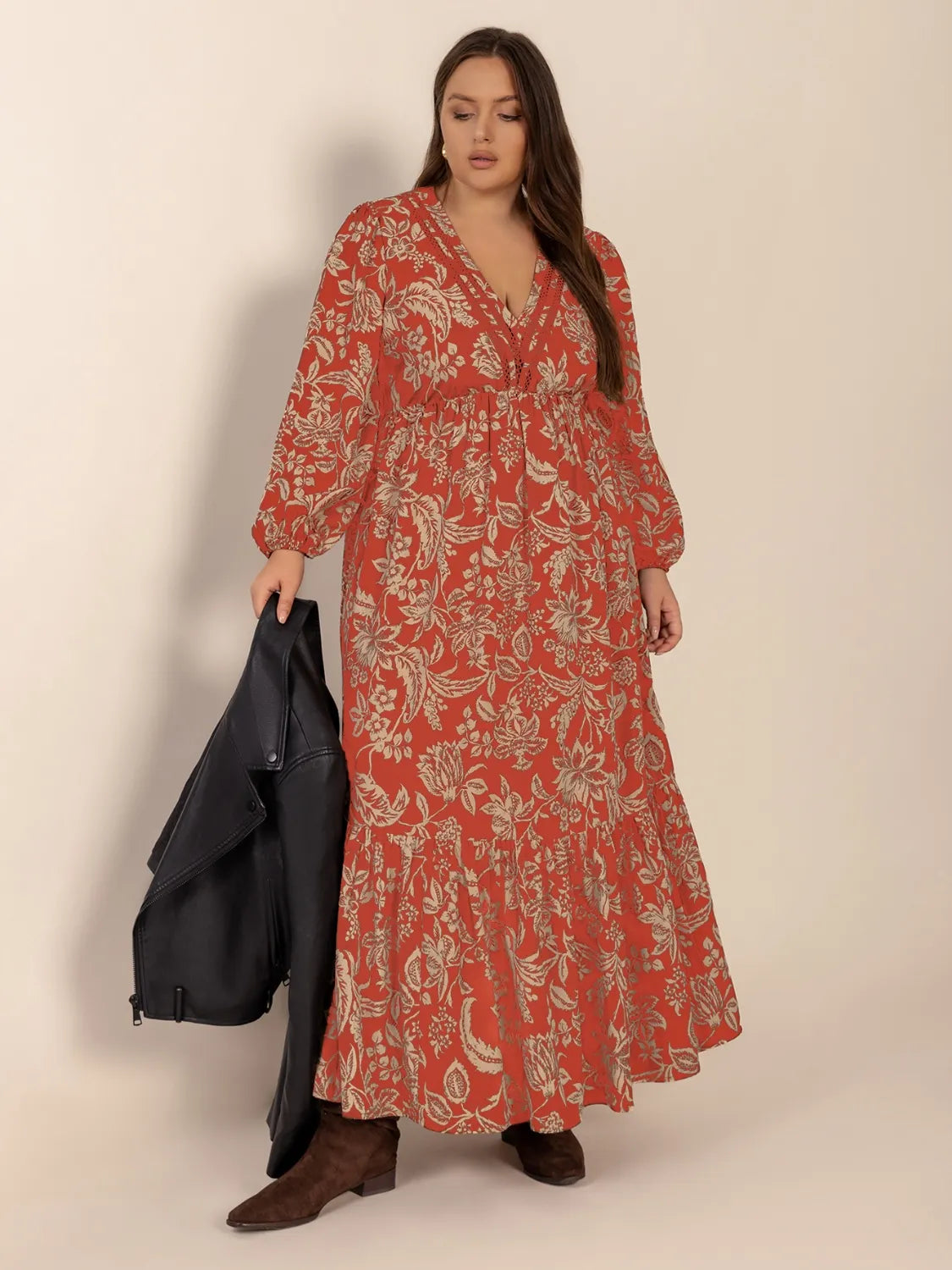 Plus size lace detail printed balloon sleeve midi dress by Shopimist, featuring floral pattern and elegant balloon sleeves.