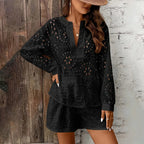 Women's elegant V-neck lace long sleeve blouse and shorts set by FitiqueFit, featuring solid color casualwear with intricate lace details.