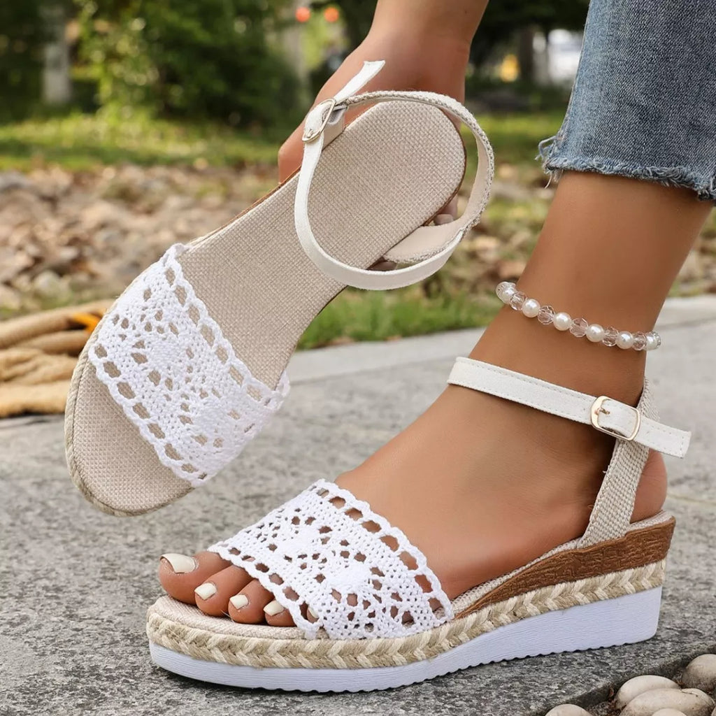 Women's crochet espadrille platform sandals with mid-heel, stylish summer shoes featuring woven design and comfortable slip-on style.