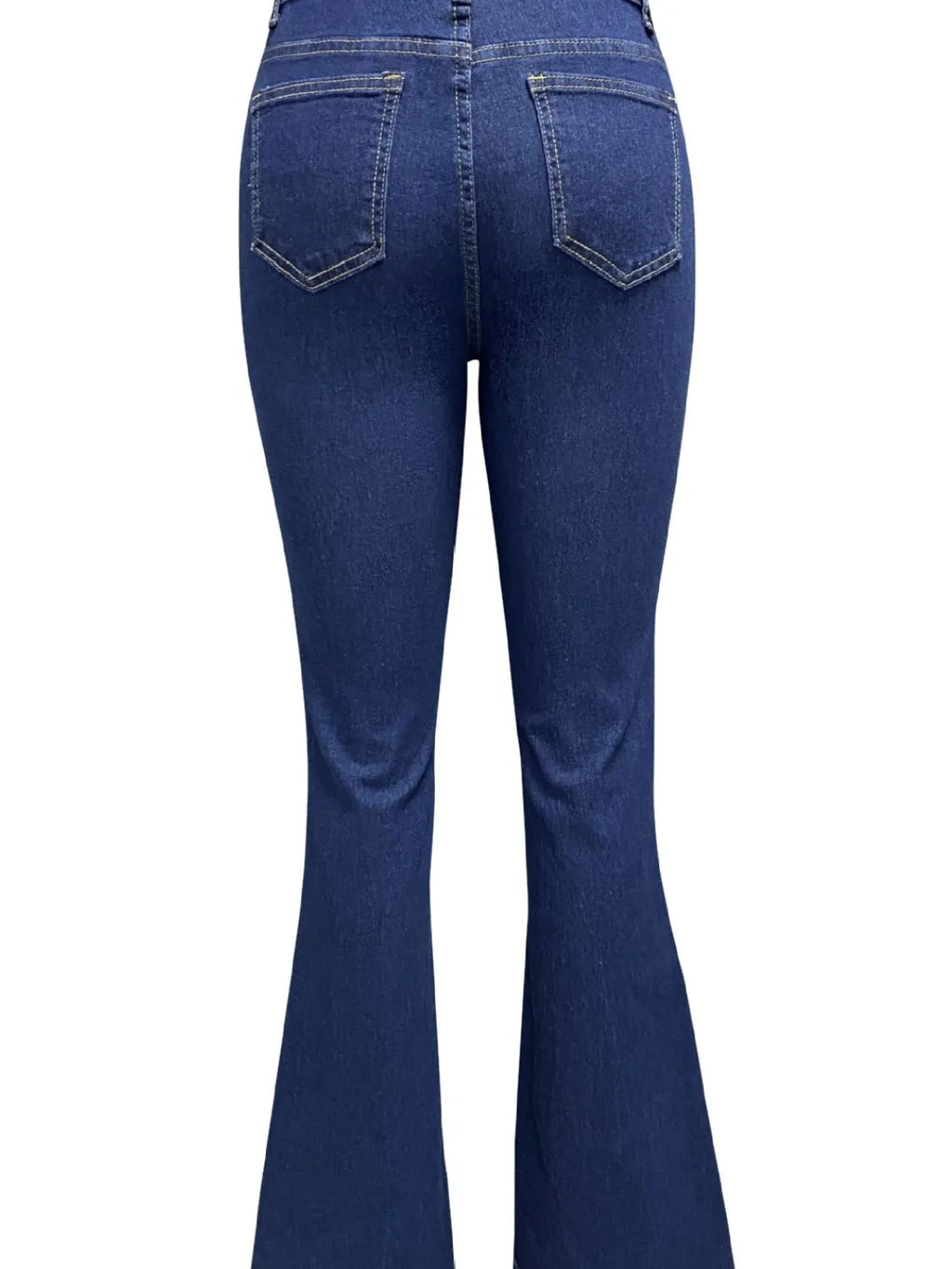 Light blue Plush Fashion Shop flare denim jeans with front pockets and a high-waist fit, styled with casual, wide-leg design.