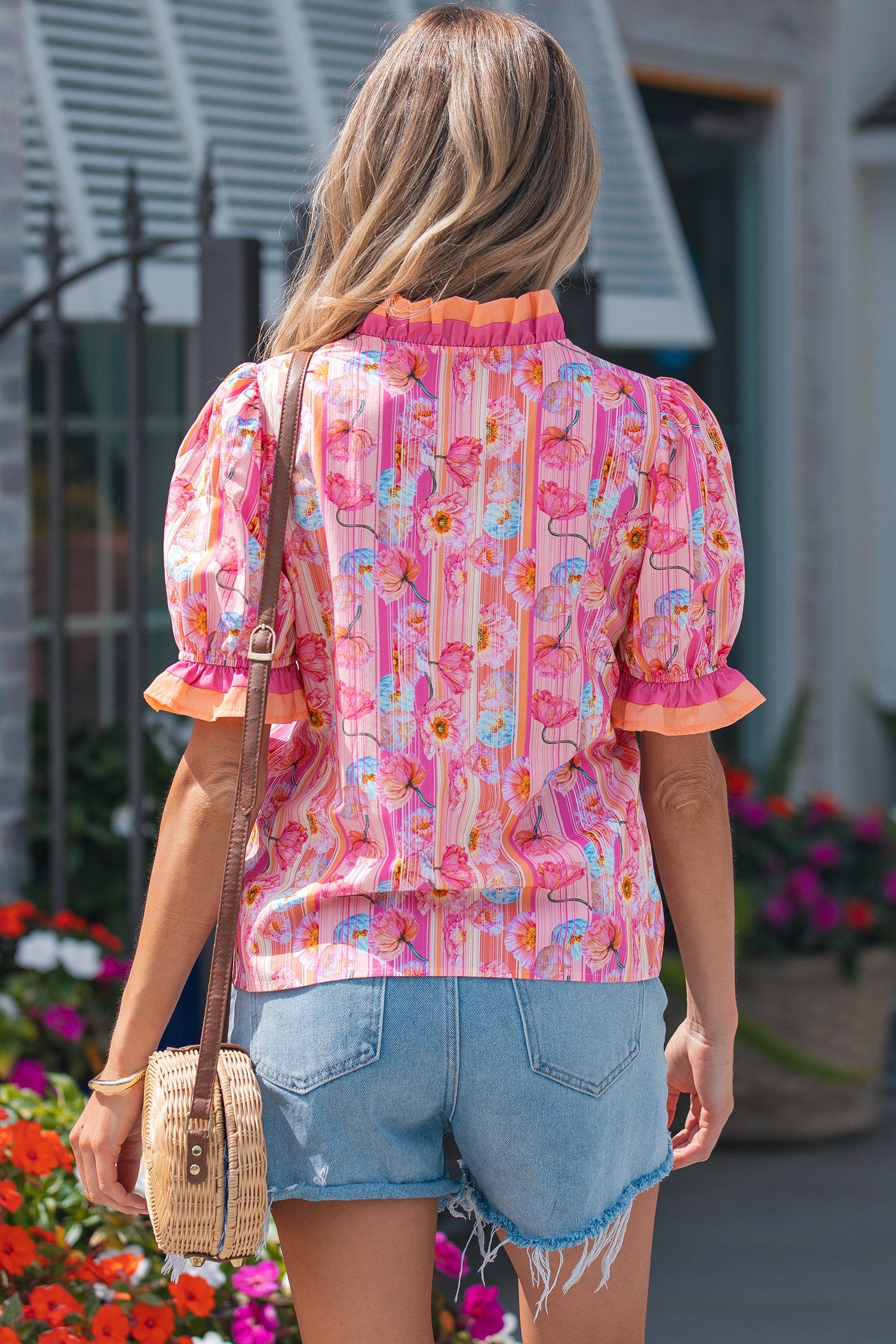 Threaded Pear Danna Trim short sleeve blouse with floral embroidery, lightweight fabric, and classic collar.