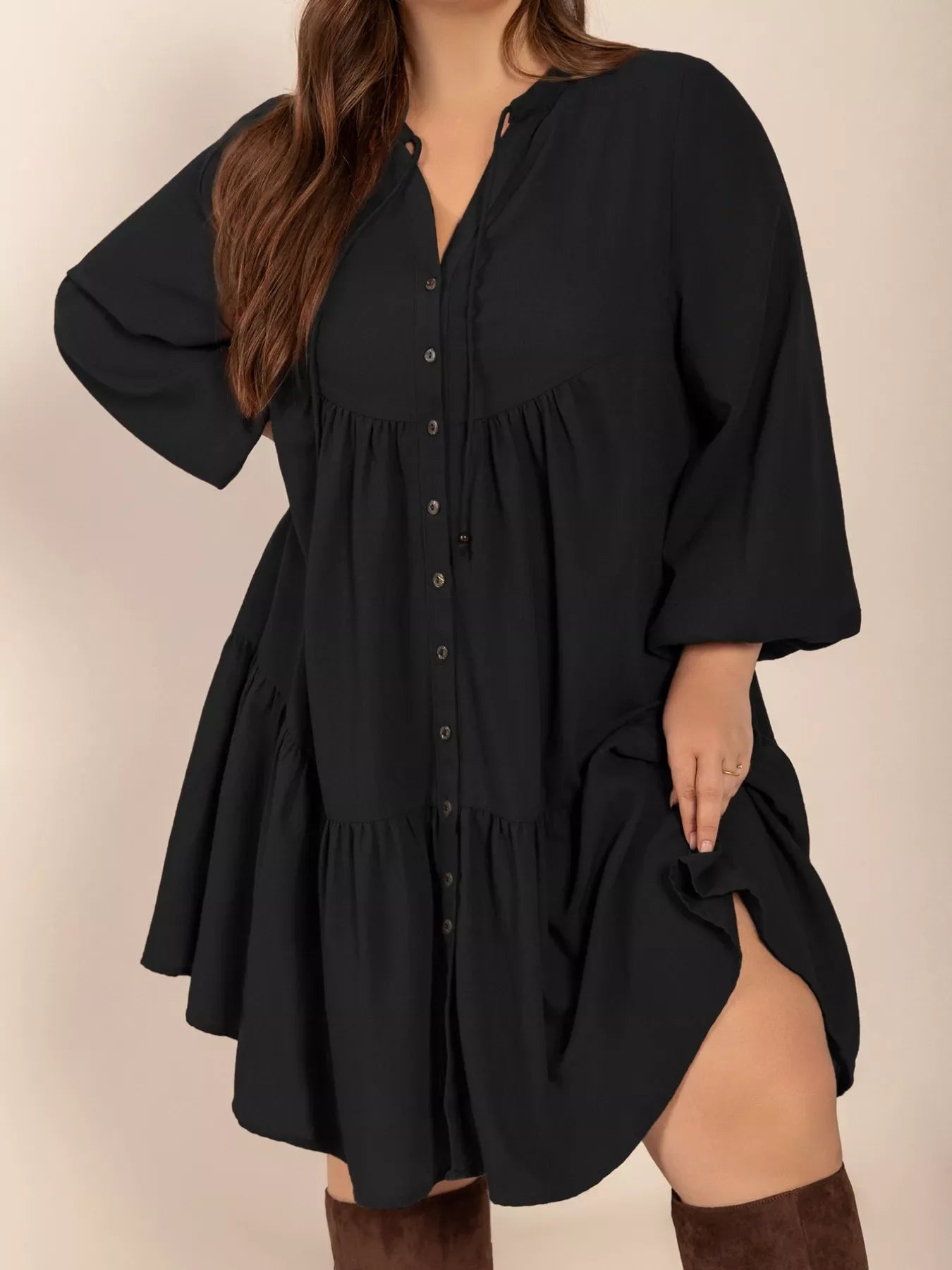 Plus size button front balloon sleeve dress by Plush Fashion Hub, showcasing a stylish, flowy dress with button details and balloon sleeves.