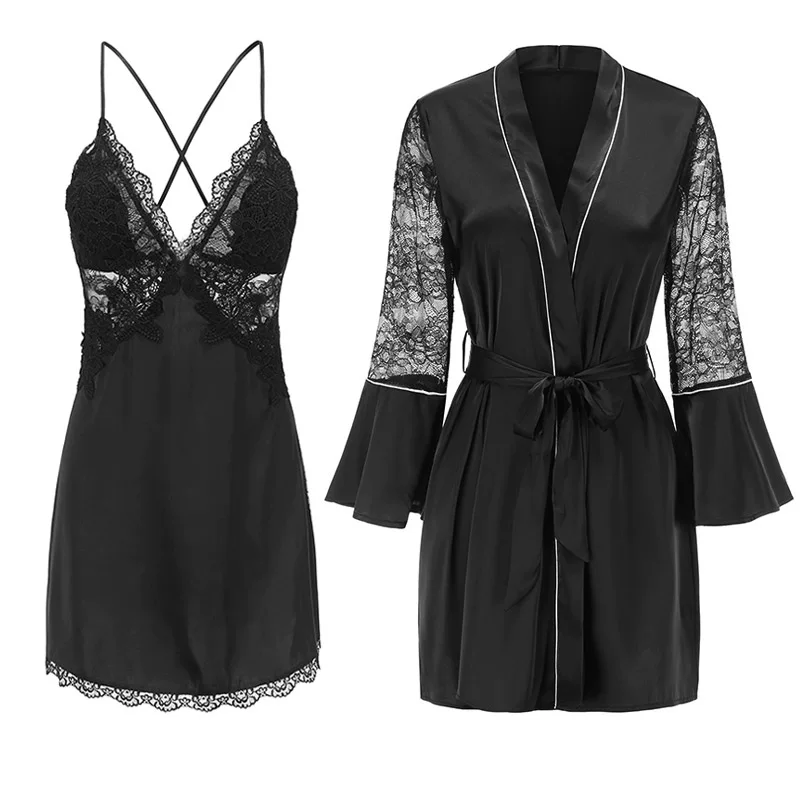 Plus Size Women's Ice Silk V-Neck Lace Suspender Nightgown