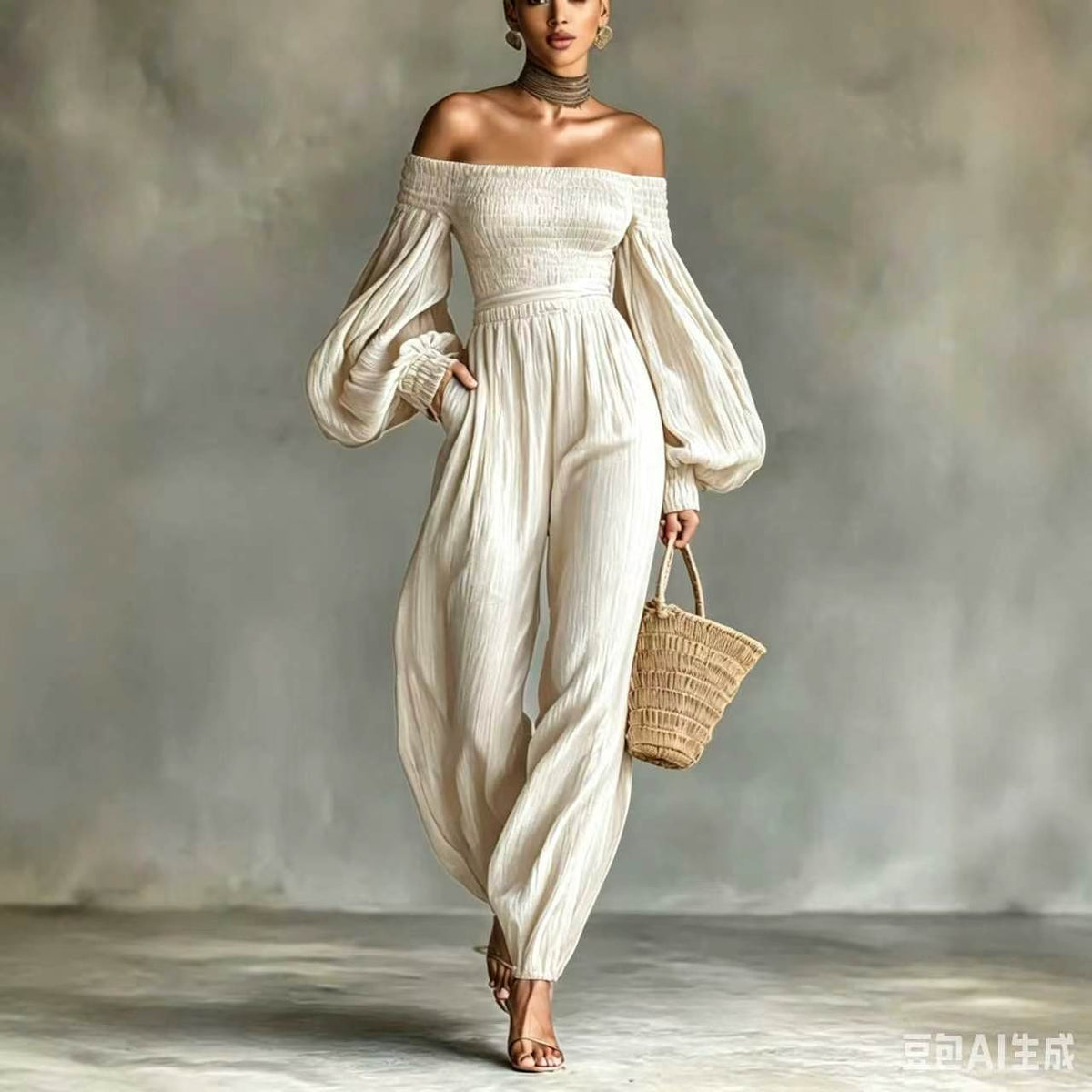 Eprolo women's off-shoulder lantern sleeve pleated loose jumpsuit, stylish and comfortable for casual wear.