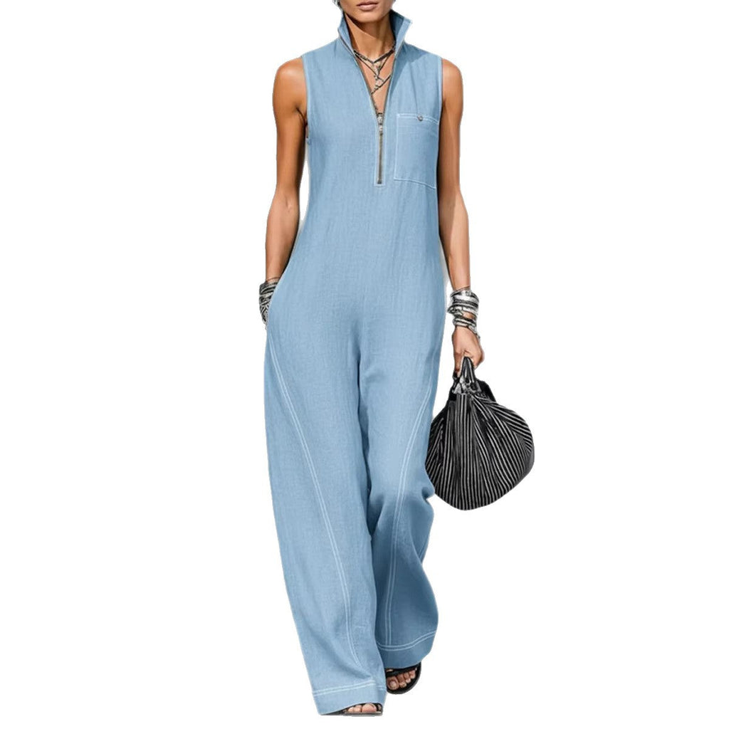 Women’s sleeveless stand-up collar jumpsuit with pockets, casual summer fashion from Plush Fashion Hub.