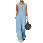 Women’s sleeveless stand-up collar jumpsuit with pockets, casual summer fashion from Plush Fashion Hub.