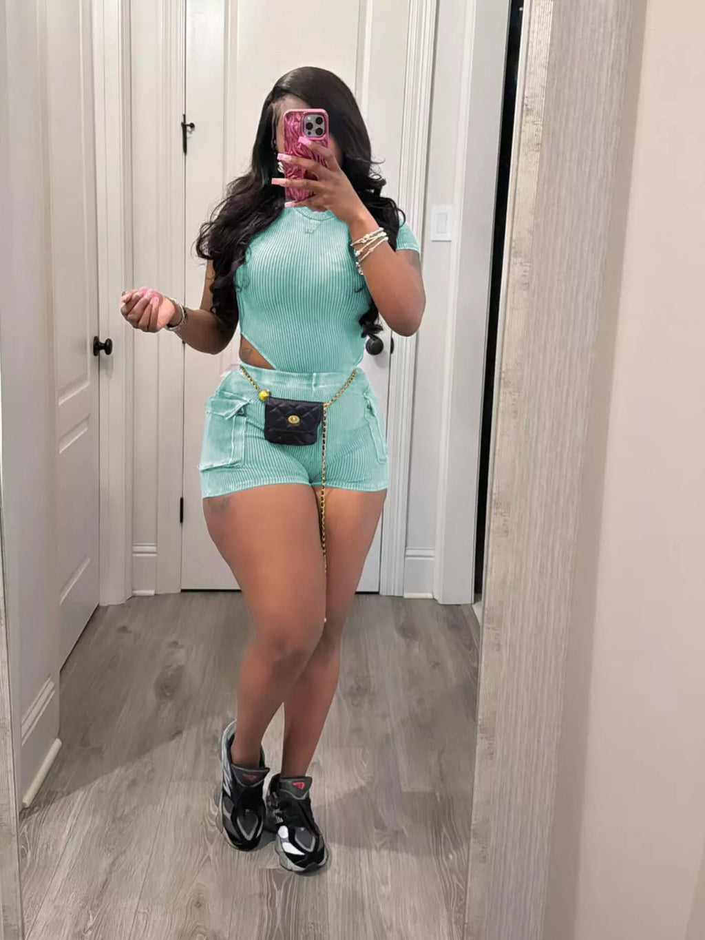 Ribbed knit bodysuit and shorts set by Shopimist, featuring a fitted two-piece design in soft, stretchy fabric.