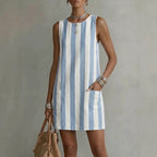 Women's striped color-block sleeveless mini dress by Plush Fashion Hub, casualwear with a loose fit and bold color pattern.
