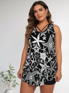 Plus size women's high-neck tankini set with matching bikini bottoms, stylish swimwear by FitiqueFit shown in the image.