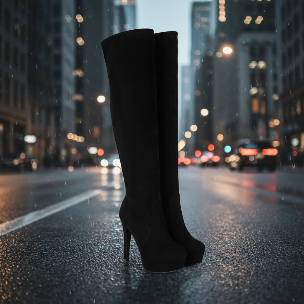 Women’s suede elastic over-the-knee high heel riding boots by FitiqueFit, featuring a sleek design and tall riding boot silhouette.