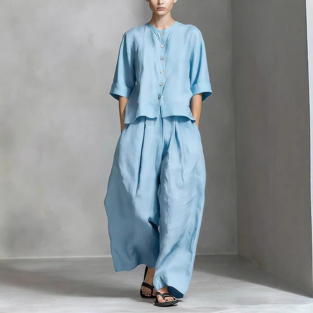 FitiqueFit three-quarter sleeve shirt and loose trousers two-piece set, casual and comfortable outfit for everyday wear.