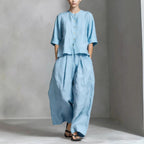FitiqueFit three-quarter sleeve shirt and loose trousers two-piece set, casual and comfortable outfit for everyday wear.
