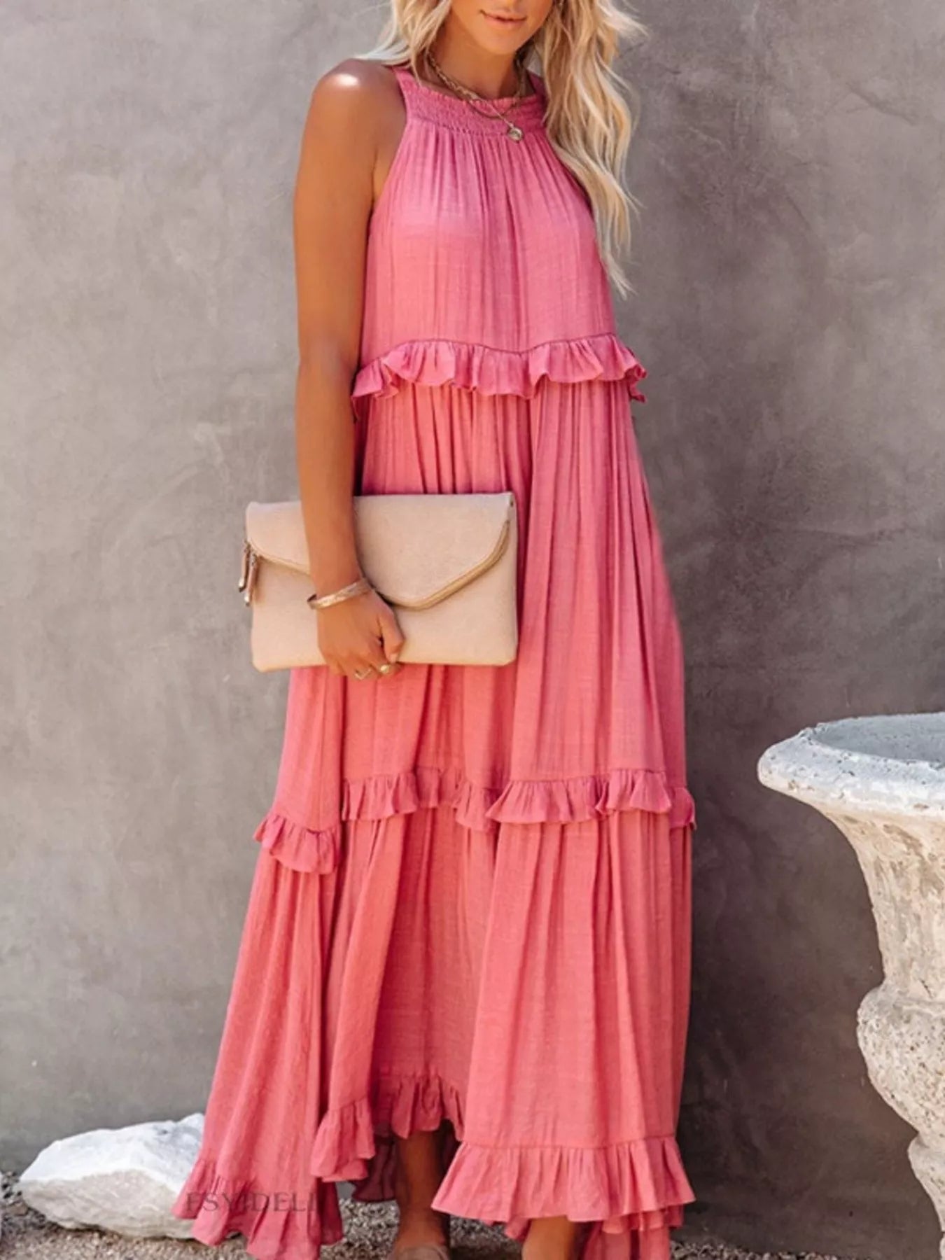 Ruffled tiered sleeveless maxi dress by Plush Fashion Hub featuring flowing fabric and stylish ruffle details.